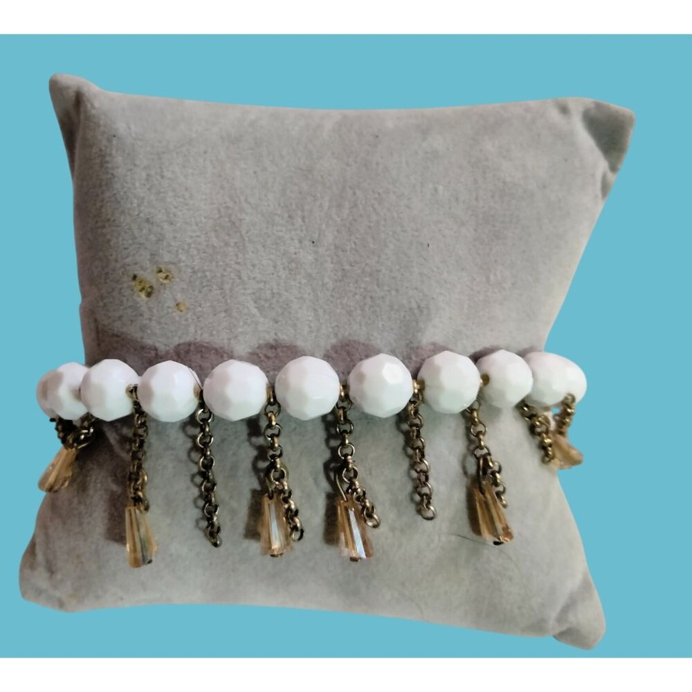 Vintage White Beaded Bracelet Whimsygoth Gold Tone Chain Crystal Dangles 7 inch